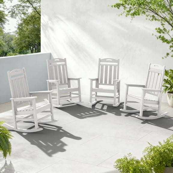 Set of 4 Oversized HDPE Outdoor Rocking Chairs, All Weather Patio Set, White
