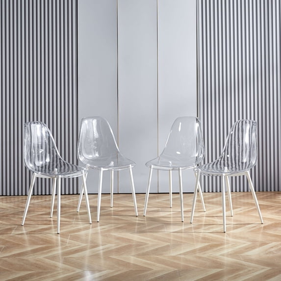 Set of 4 PP Plastic Dining Chairs with Metal Legs, Plastic Seat, Transparent