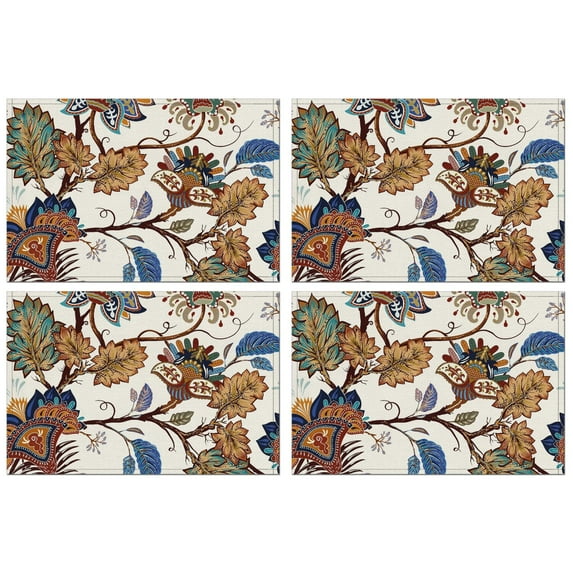 Set of 4 Paisley Placemats, Flax Linen Table Mats Featuring Colorful Bohemian Floral and Mandala Patterns, Heat Resistant and Wrinkle Free