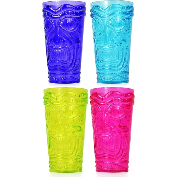 Set of 4 Party Tiki Cups! BPA Free 18 Ounce Tumbler Drinkware Set Luau Shape! 4 Bright Colors! Tiki Mugs! Reusable Plastic Party Cups!