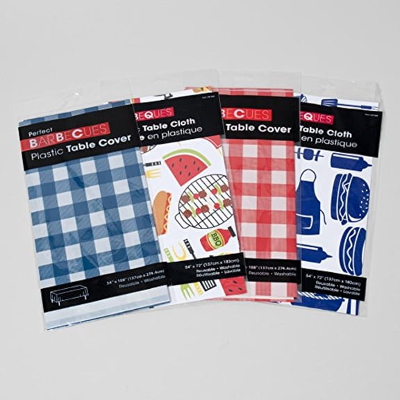 Set of 4 Party and Holiday Themed Table Covers Measuring 54" x 108" Seasonal Designs (BBQ - Picnic) Red, White, and Blue