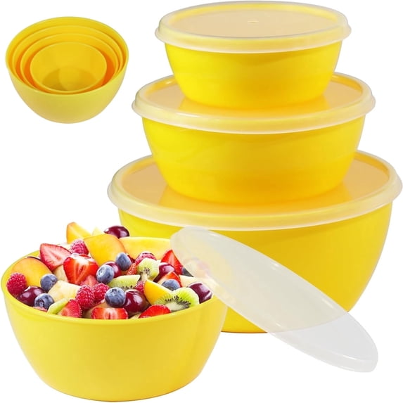 Set of 4 Pcs Round Bowl,Durable Plastic Mixing Bowls with Lids Set,4 Size Yellow Space-Saving Nesting Containers for Boy,Girl,Adult