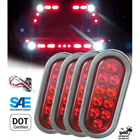 Set of 4 Pcs Solid LED 6" Oval Red Brake Stop Turn Tail Marker Signal Light for Truck Trailer Tractor Jeep w Grommet Pigtail Kit DOT SAE Approved