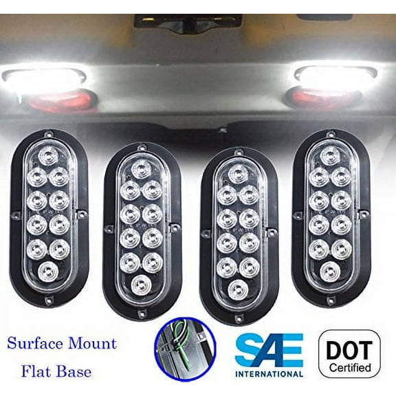 Set of 4 Pcs White 6" Oval LED Light Surface Mount Backup Reverse for Truck Trailer Tractor Jeep Flat Base DOT SAE Approved