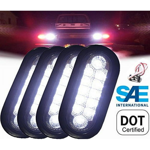 Set of 4 Pcs White Oval Backup Reverse LED 6" Light for Truck Trailer Tractor Jeep w Grommet Pigtail Kit DOT SAE Approved