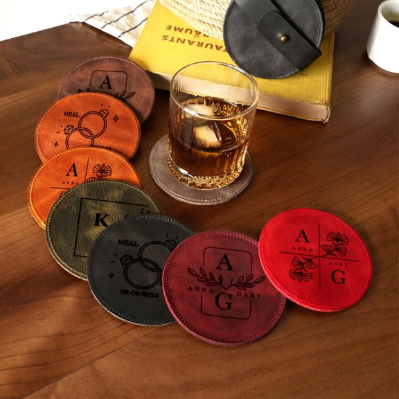 Set of 4 Personalized Leather Coasters with Holder Handmade Custom Engraved Round Drink Mat