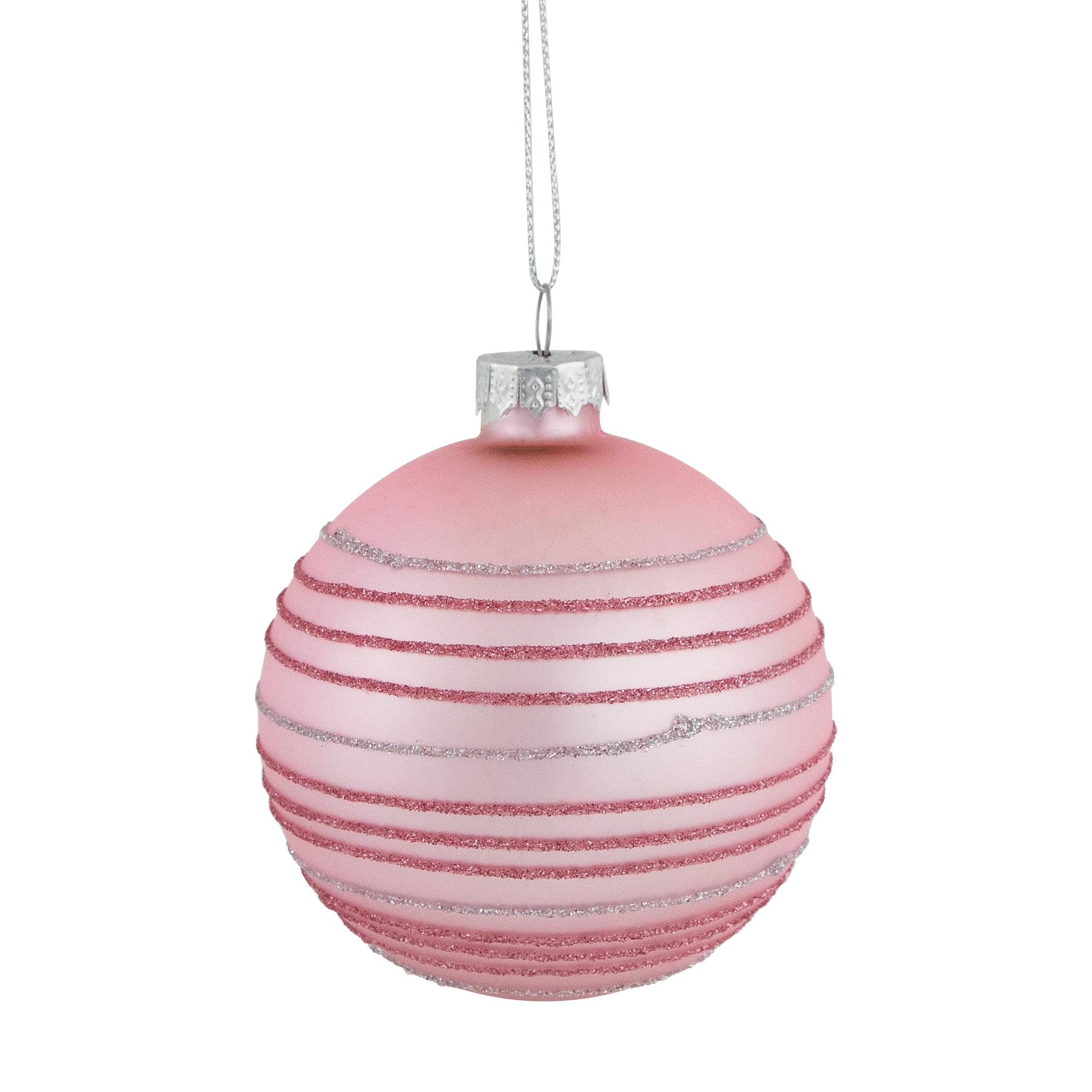 Set of 4 Pink Glitter Striped Glass Christmas Ball Ornaments 3