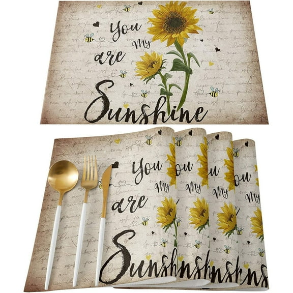 Set of 4 Placemats Heat-Resistant for Dining Table Linen Table Mats Rustic Sunflower Rectangle Pad Placemat 12 x 18 Inch - You are My Sunshine