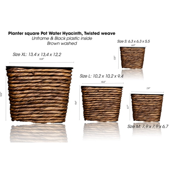 Set of 4 - Planter Square Pots, Water Hyacinth (Twisted Weave, Unframe & Black Plastic inside) with Natural Color | Unique Gift Ideas