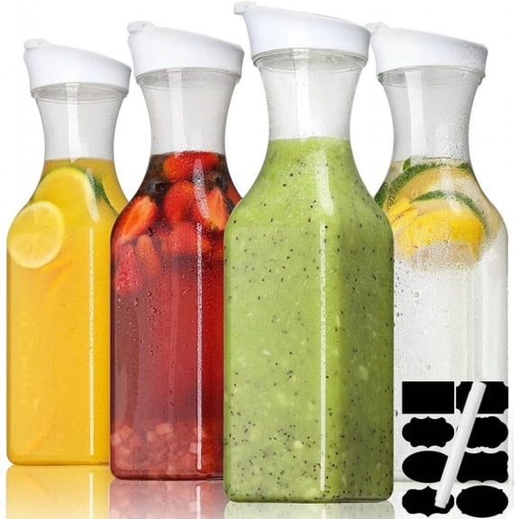 Set of 4 Plastic Square Carafe with Lid, 50 Oz Carafes, Water Bottle, Milk Container, Clear Beverage Containers for Fridge