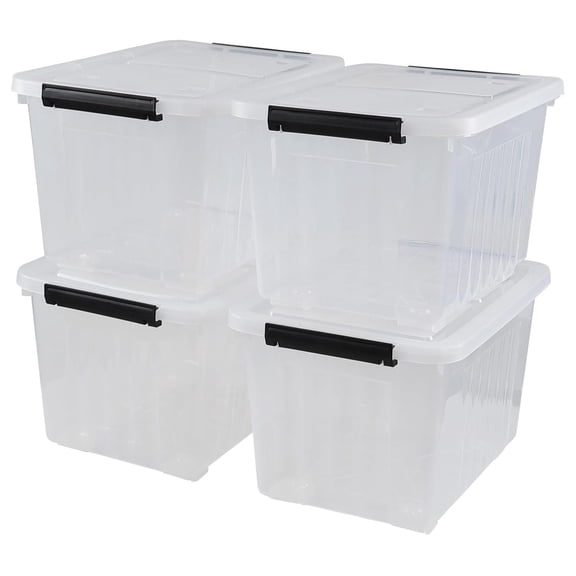 Set of 4 Plastic Storage Box on Wheels, 32 Quart Latch Storage Container Bin Clear, Rolling Tote with Lid for Home Organization, Garage, Bedroom
