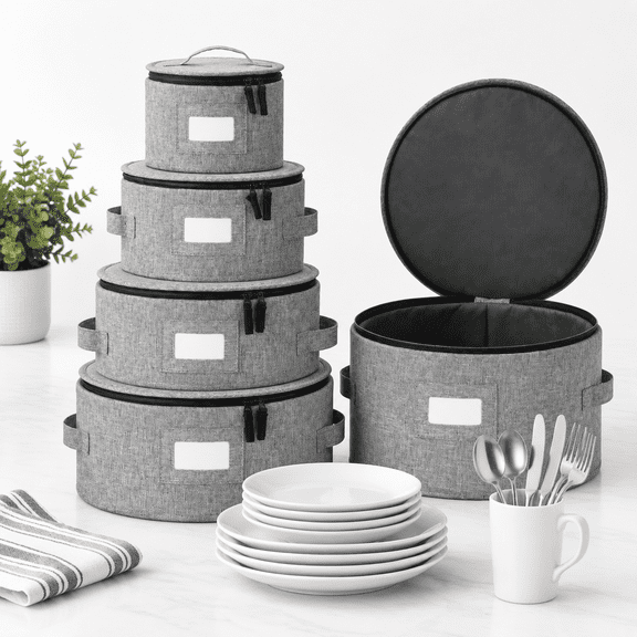 Set of 4 Plate Cases Stackable Hard Shell Dinnerware Storage Organizer with Separators