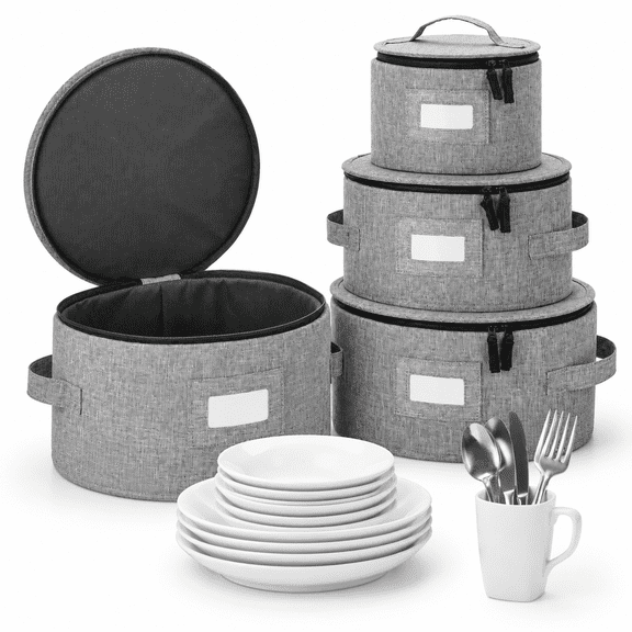 Set of 4 Plate Cases Stackable Hard Shell Dinnerware Storage Organizer with Separators