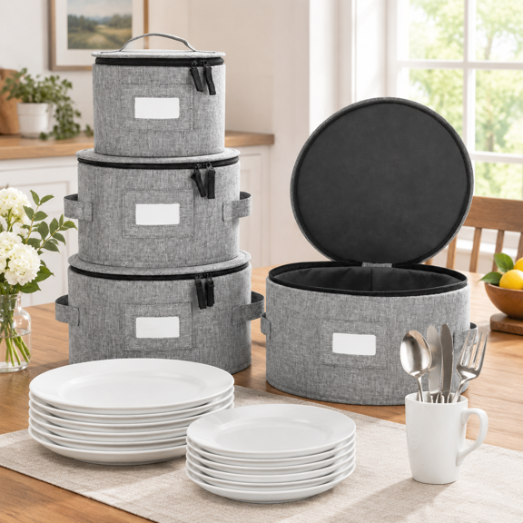 Set of 4 Plate Cases Stackable Hard Shell Dinnerware Storage Organizer with Separators
