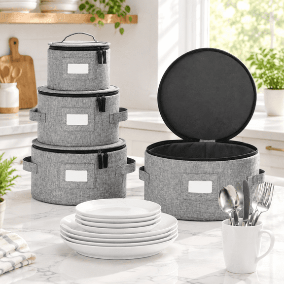 Set of 4 Plate Cases, Stackable Hard Shell Dinnerware Storage with 48 Separators