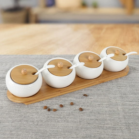 Set of 4 Porcelain Condiment Jar Spice Container Storage with Spoon Kitchen Tray