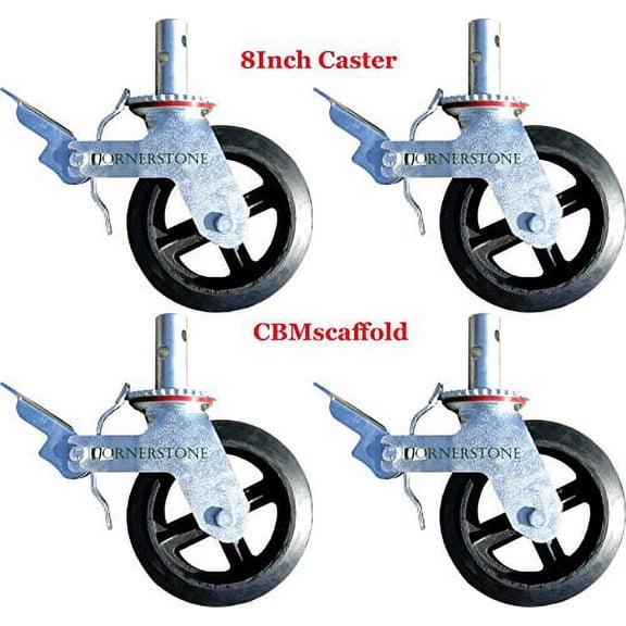 Set of 4 RK Scaffold 8"x2" Black Rubber Mold-on Steel Caster Wheel with Brake