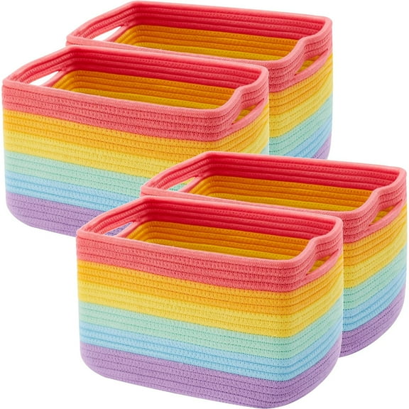 Set of 4 Rainbow Rope Basket for Shelves Woven Rectangle Storage Basket Bins for Nursery Toy Storage for Baby Girl
