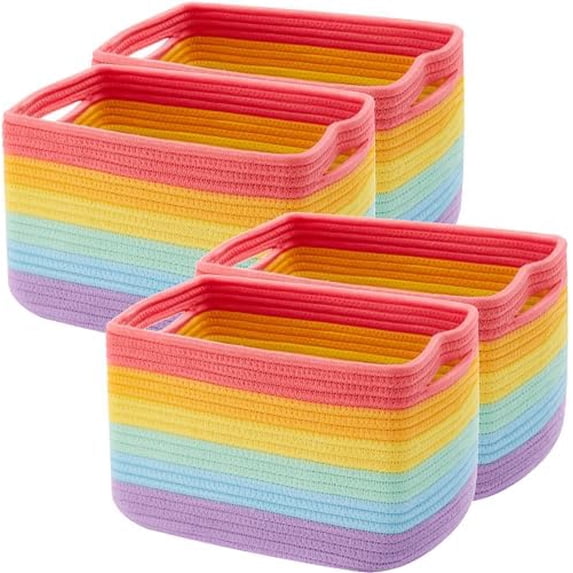 Set of 4 Rainbow Rope Basket for Shelves Woven Rectangle Storage Basket ...