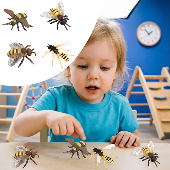 Set of 4 Realistic Bee Figurines PVC Material Educational for Science Projects Different Sizes Realistic Design Yellow 8.3cm x 7.8cm x 4.4cm