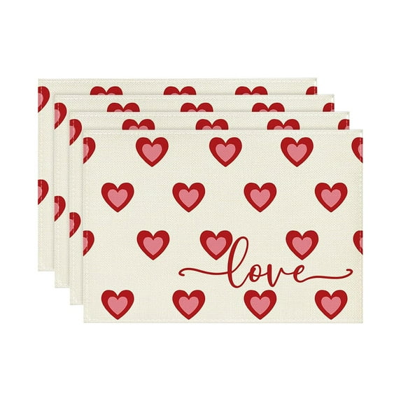 Set of 4 Rectangular Placemats with Heart and Bow Print Decorative Table Mats for Dining Kitchen Home Use