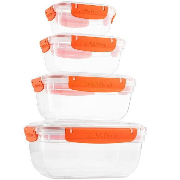 Superio Plastic Airtight Food Storage Containers, Set of 4 Sealed Clear Container Bowls with Lids, BPA Free, Rectangular, Orange