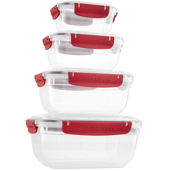 Superio Plastic Airtight Food Storage Containers, Set of 4 Sealed Clear Container Bowls with Lids, BPA Free, Rectangular, Red