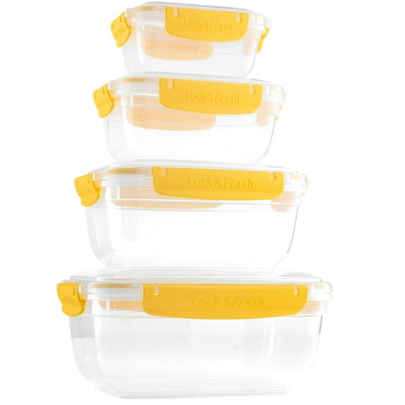 Superio Plastic Airtight Food Storage Containers, Set of 4 Sealed Clear Container Bowls with Lids, BPA Free, Rectangular, Yellow