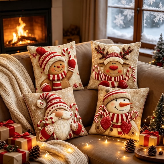 Set of 4 Red Christmas Throw Pillow Covers 16x16 Inch Winter Xmas Decorative Pillow Case Cover for Sofa Living Room Holiday Decor