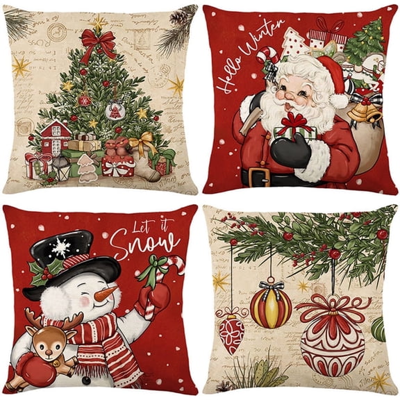 Set of 4 Red Christmas Throw Pillow Covers 18x18 Inch - Festive Santa Snowman Snowflakes Design for Couch Sofa Holiday Decor
