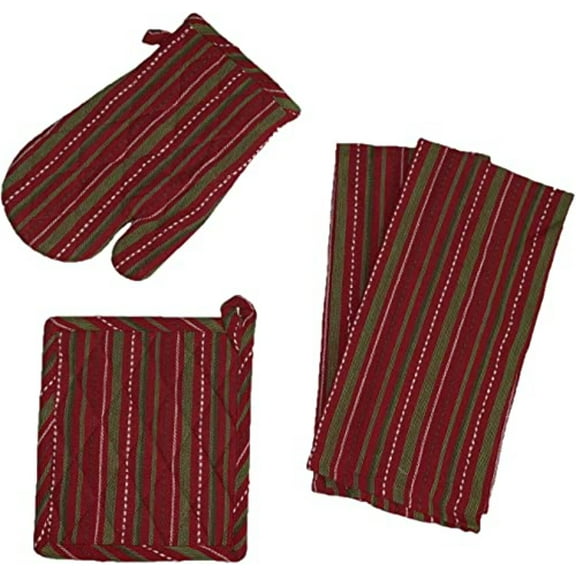 Set of 4, Red and Green Holiday Strips Design Christmas 100% Cotton Kitchen Towel Set, Includes 2 Kitchen Towels, Pot Holder  Oven mitt.