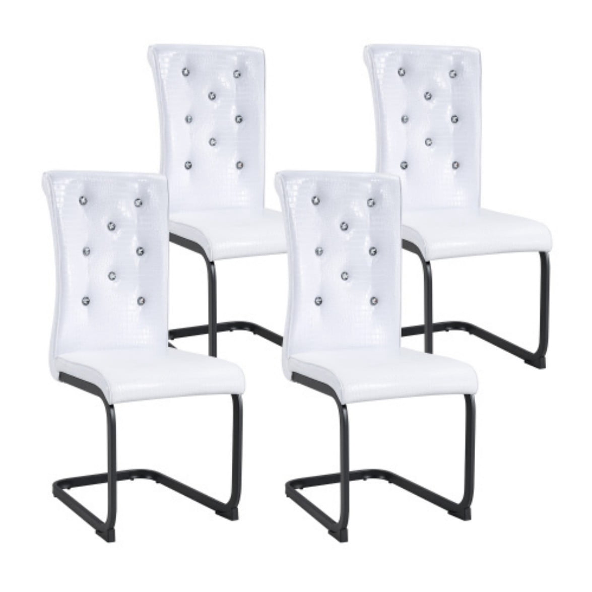 Set of 4 Retro Dining Chairs, Faux Alligator Leather Upholstered Chairs with Crystal Button Details & Black Metal Bow Legs, 400 LBS, White & Black