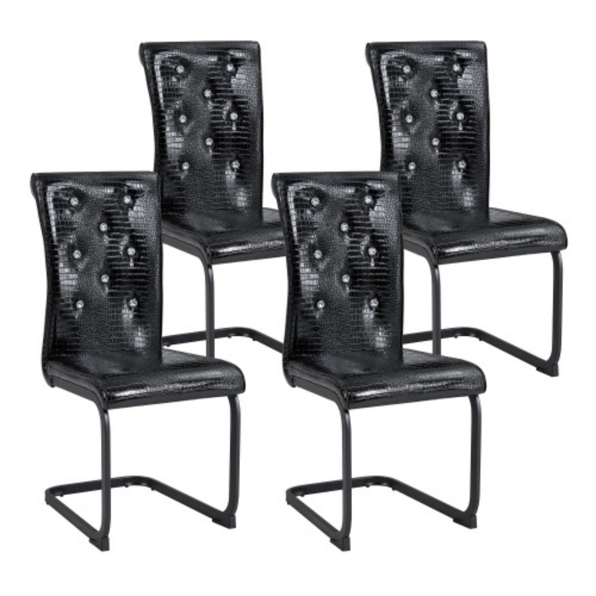 Set of 4 Retro Dining Chairs, Faux Alligator Leather Upholstered Chairs with Crystal Button Details & Metal Bow Legs, 400 LBS, Black & Black