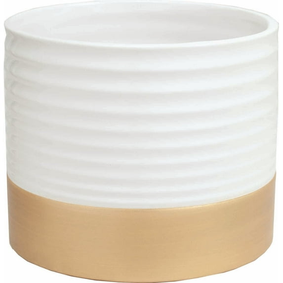 Set of 4 Ribbed White With Gold Base Planter