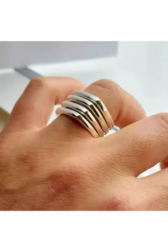 Set of 4 Ring Square Ring 925 Sterling Silver Stacking Band Ring Statement Ring