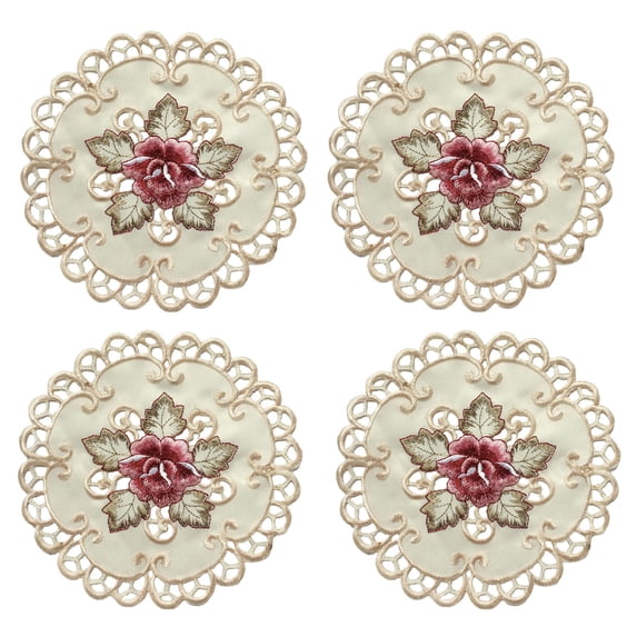 Set of 4 Round Floral Placemats - White Embroidered Lace, Satin Material, Table Decor for Home/Kitchen