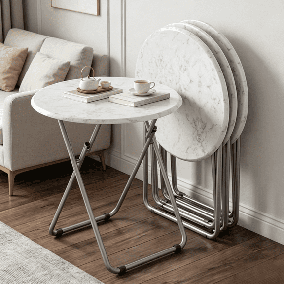 Set of 4 Round Folding TV Tray Tables with Marble and MDF Top, Portable Eating Trays for Living Room, No Assembly Required, 17.5 x 17.5 x 26 Inches