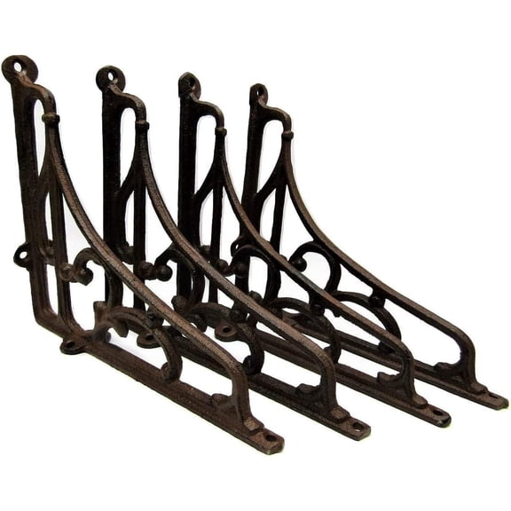 Set of 4 Rustic Antique Style Large 8'' x 7'' Cast Iron Shelf Brackets Braces, Rustic Brown