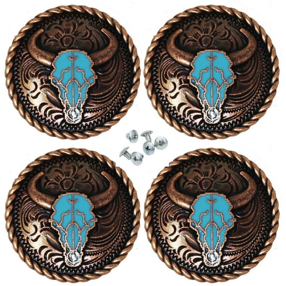Set of 4 Screw Back Conchos Saddle Turquoise Texas Long Horn Co621