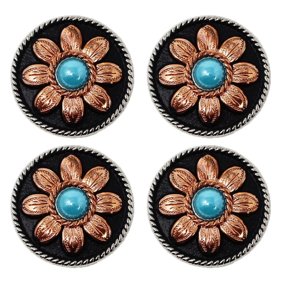 Set of 4 Screw Back Copper Flower Engraved Conchos w/ Turquoise Stone CO546