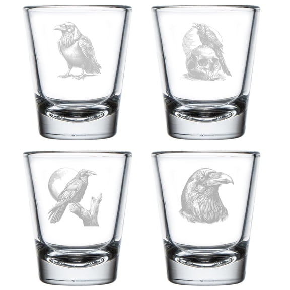 Set of 4 Shot Glasses 1.75oz Shot Glass Gift Crow Skull Raven Moon Horror Collection