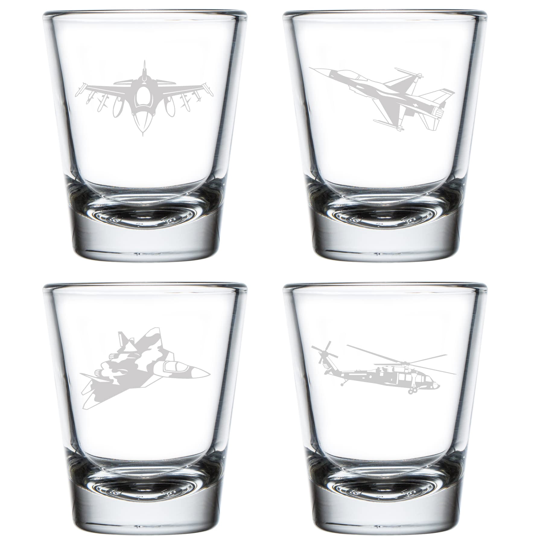 Set Of 4 Military Aviation Shot Glasses – 1.75 Oz Real Glass With Plane & Helicopter Designs