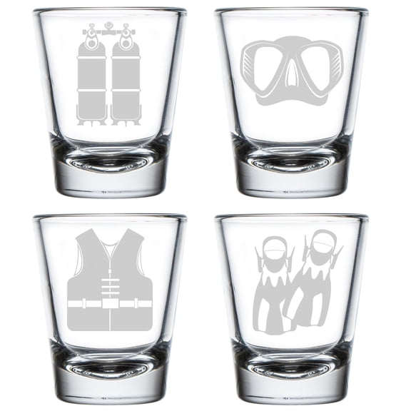 Set of 4 Shot Glasses 1.75oz Shot Glass Gift Scuba Diving Diver Gear Equipment Collection