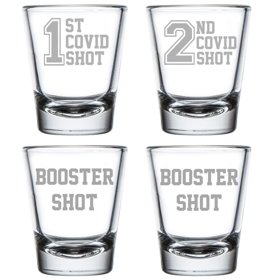 Set of 4 Shot Glasses Glass Funny Quarantine 1st Shot 2nd Shot Booster Shots
