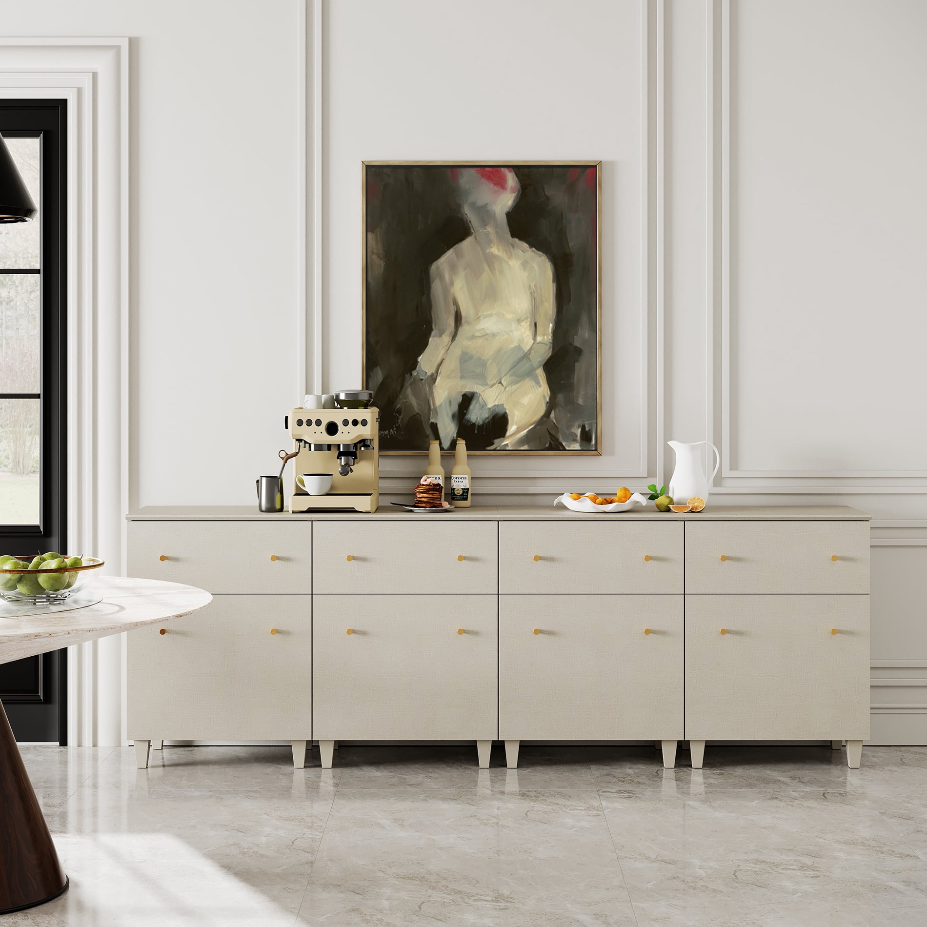Set of 4 Sideboards with Drawer and Door for Living Room Kitchen, Beige Side Organizer Floor Cabinet with Adjustable Shelf, 32.4