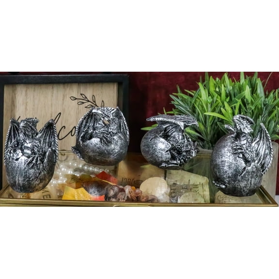 Set of 4 Silver Whimsical Wyrmling Baby Dragon Egg Hatchlings Mini Figurines