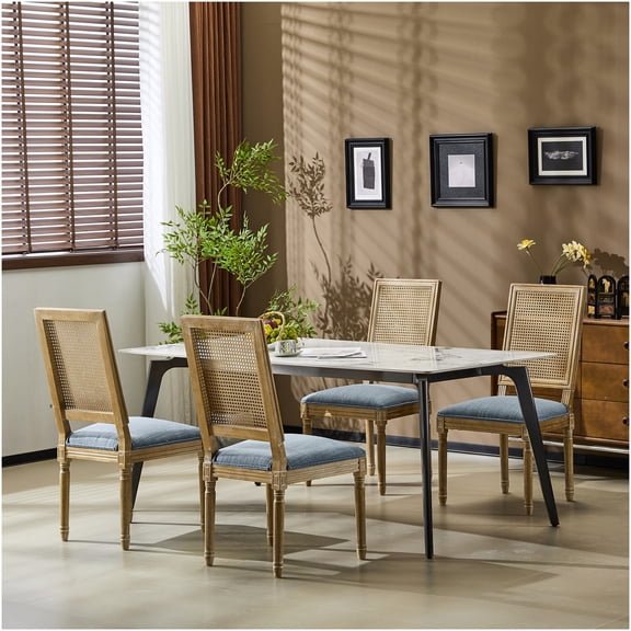 Set of 4 Slate Blue French Country Dining Chairs, Cane Back Upholstered Seat Kitchen Chairs, Fluted Legs Weathered Finish Solid Rubberwood