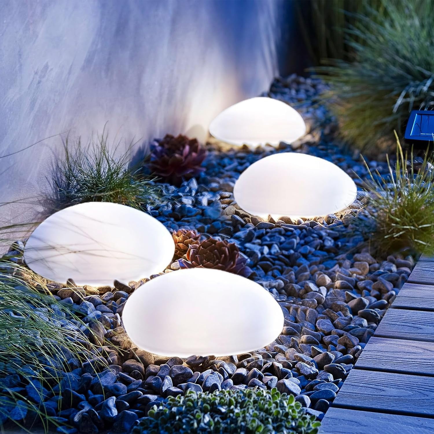 Set of 4 Solar Garden Lights, Waterproof Plastic Pebble-Shaped Rock Lights, Cool White