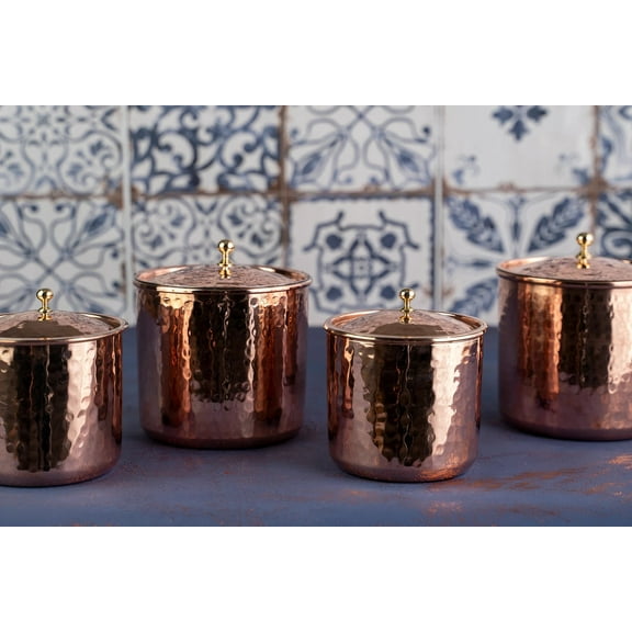 Set of 4 Solid Copper Canister Set with Lid | 100% Copper Kitchen Storage Box| Copper Spice Jar Container (2 x 750 ml & 2 x 450 ml)