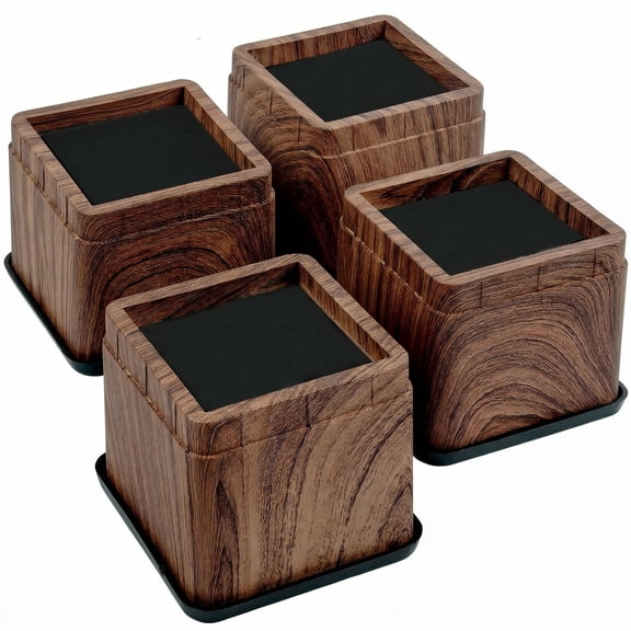 Set of 4 Square Bed Risers 3 or 6 Inch Stackable Furniture Lifters Wood Grain Finish Holds Up to 2200 lbs